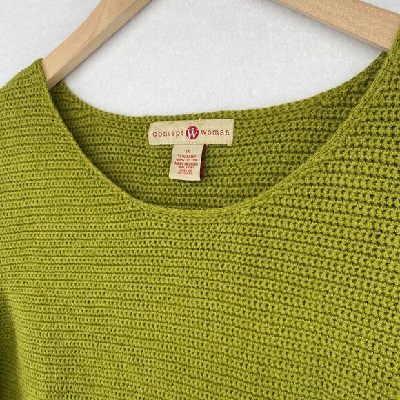 CONCEPT WOMAN Sweater 1X Ramie Cotton Crochet Jumper 3/4 Sleeve Pullover Green - Picture 2 of 11
